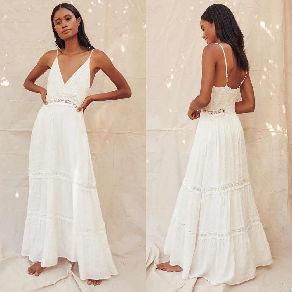 NWT Lulu’s Light Breeze White Striped Crochet Lace Tiered Maxi Dress